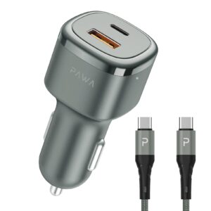 PAWA 50W SOLID CAR CHARGER DUAL PORT WITH C TO C CABLE PW-CC50QCT-GY