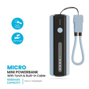 PAWA MICRO MINI POWERBANK WITH TORCH & BUILT IN CABLE 5000 MAH BLUE PW-PBMM5T20-BB