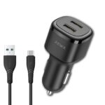 PAWA SOLID CAR CHARGER DUAL USB PORT WITH C CABLE PW-24AICCT-BK