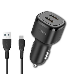PAWA SOLID CAR CHARGER DUAL USB PORT WITH C CABLE PW-24AICCT-BK