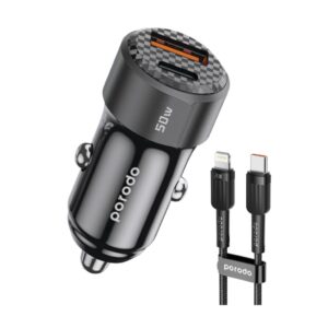 PORODO 50W DUAL PORT CAR CHARGER USB C TO LIGHTNING CABLE BLACK PD-CC50WL-BK