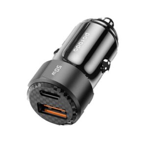 PORODO 50W DUAL PORT CAR CHARGER WITH TYPE C TO C BRAIDED CABLE 1M BLACK PD-CC50WC-BK