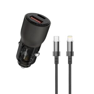 PORODO 95W TRANSPARENT CAR CHARGER WITH 0.9M LIGHTNING CABLE PD-FWCH048-L-GY