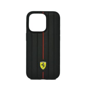 FERRARI LEATHER CASE WITH EMBOSSED STRIPS & YELLOW SHEILD LOGO 14 PRO BLACK FEHCP14LRMIK